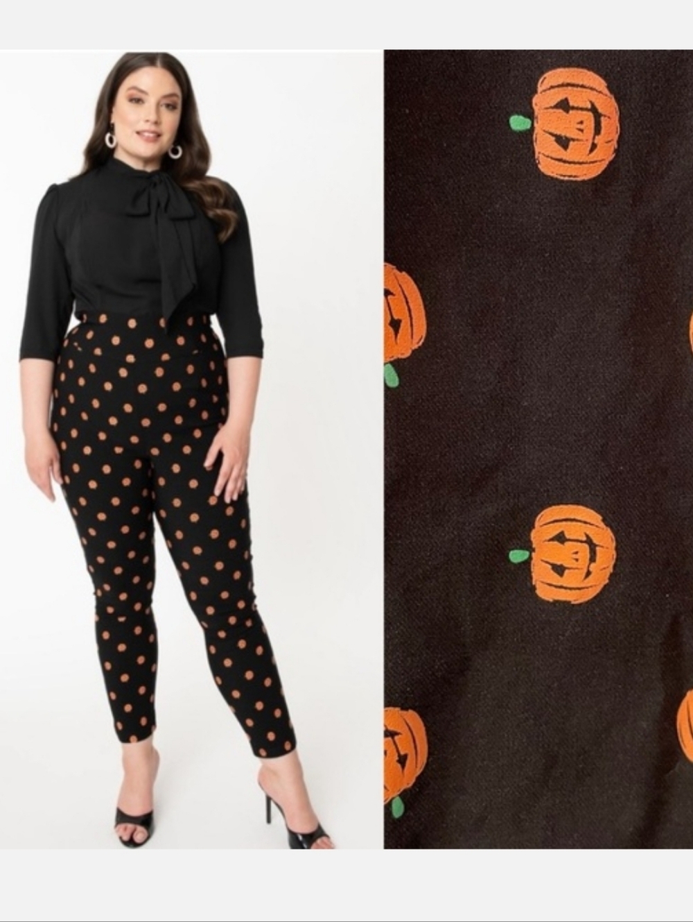 Unique Vintage Plus Size Black Pumpkin Print Pants- Halloween
